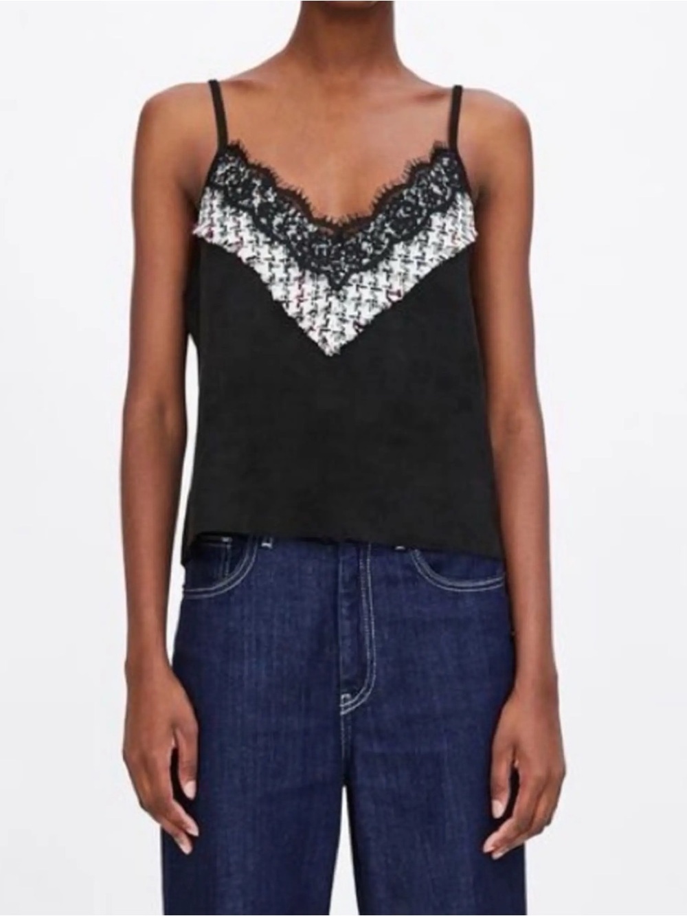 Zara Black Faux Suede Camisole Lace Cami Sleeveless Tank Top Size Large New NWT